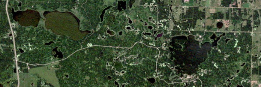 A satellite image of Astotin and Tawayk Lakes in Elk Island National Park 