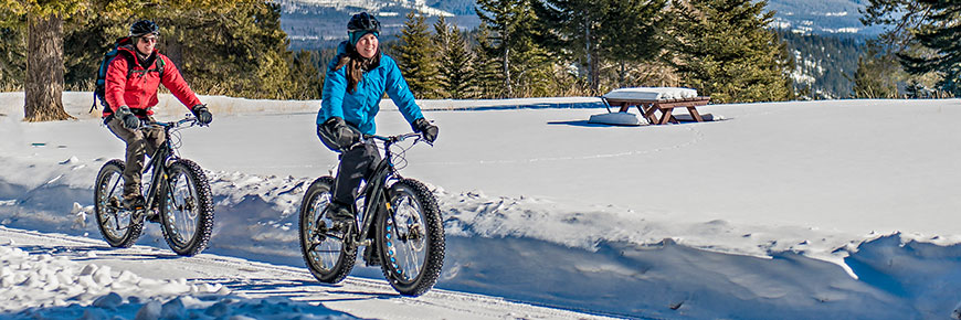 Two cyclists ride fat bikes