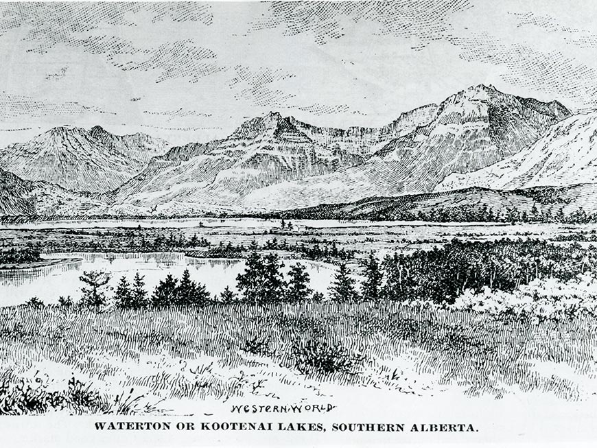 A sketch of what is now Waterton Lakes National park, from around 1890