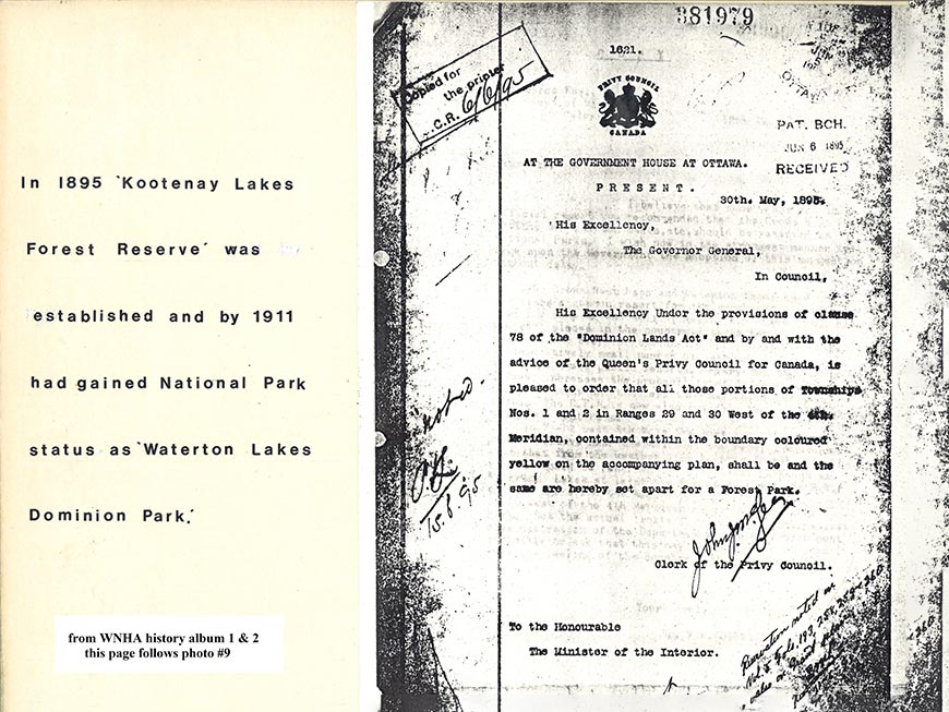 A scan of an official letter stating that Waterton Lakes was protected as a Forest Park (click to view enlarged image)
