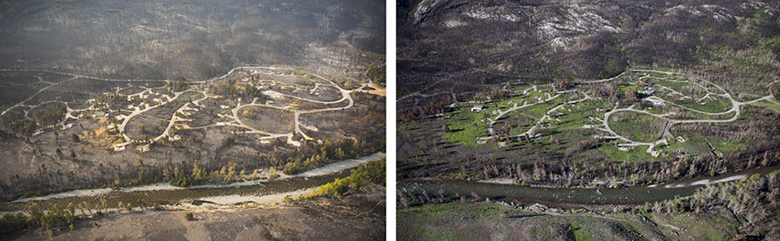 Comparaisons de certains secteurs touchés par le feu de Kenow : une photo datant de septembre 2017 et une autre de juin 2018, terrain de camping Crandell.