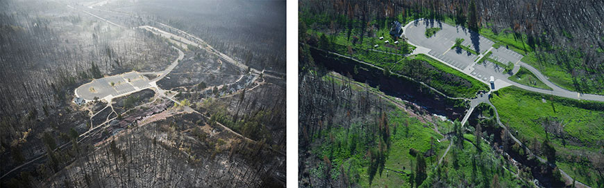 Comparaisons de certains secteurs touchés par le feu de Kenow : une photo datant de septembre 2017 et une autre de juin 2018, canyon Red Rock.