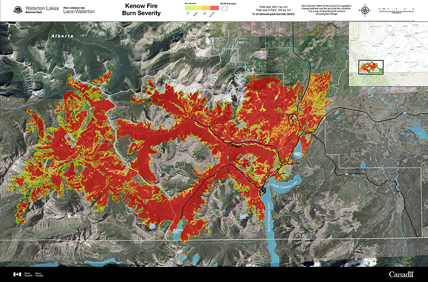 A map showing the burn severity of the Kenow Fire in Waterton Lakes National Park