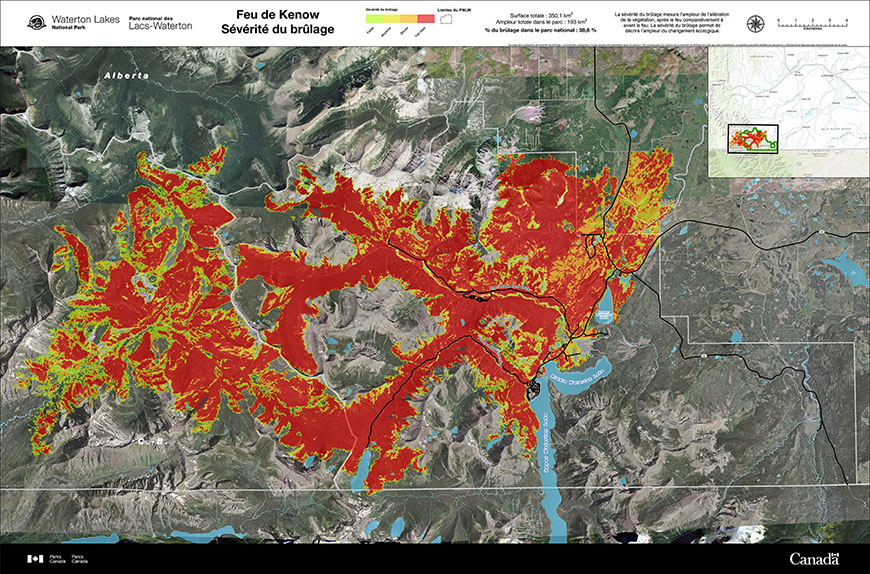 Carte illustrant la gravité du feu de Kenow dans le parc national des Lacs-Waterton
