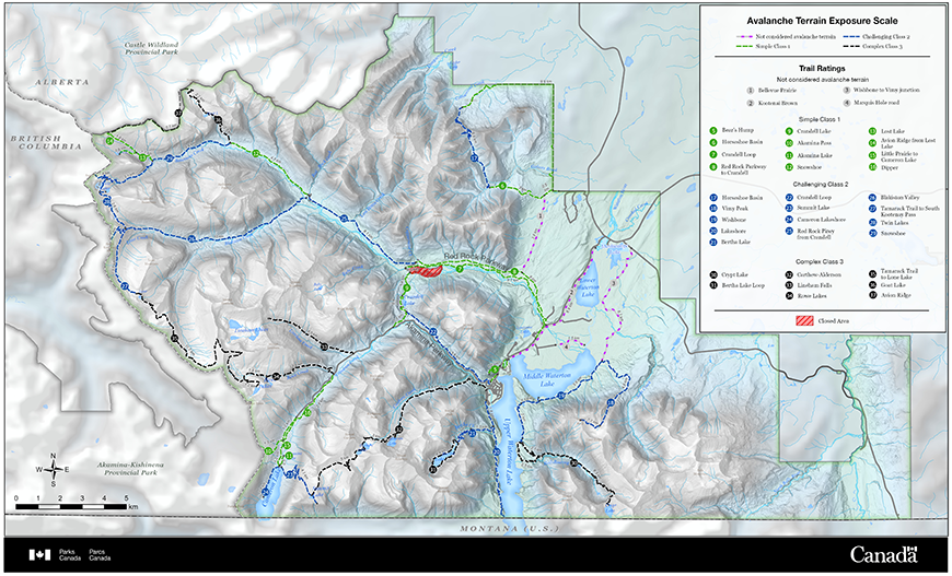 A map of avalanche terrain ratings for trails in Waterton Lakes National Park