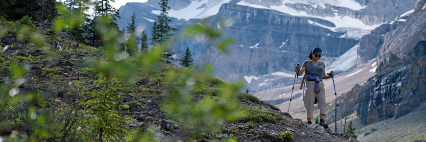 Une randonneuse sur le sentier du Glacier-Stanley laisse derrière elle un paysage de montagnes et de glaciers. 
