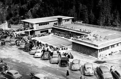 Radium Hot Springs grand opening ceremony as seen from deck level.