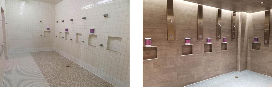 A before and after photo of renovations to a pool locker room