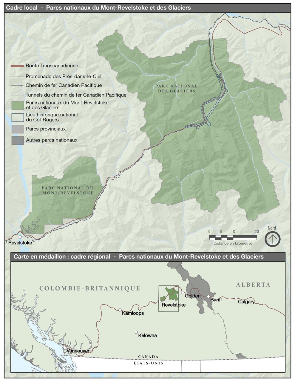 Une carte qui indique l’emplacement des parcs nationaux du Canada du Mont-Revelstoke et des Glaciers et du lieu historique national du Canada du Col-Rogers en Colombie-Britannique.