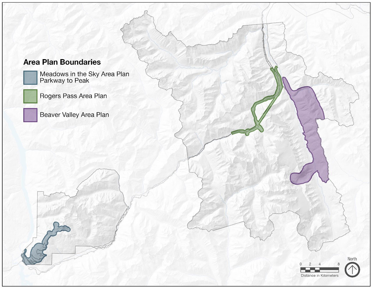 A map of the management areas identified for Mount Revelstoke and Glacier national parks including the Meadows in the Sky Parkway, Rogers Pass, and Beaver Valley.