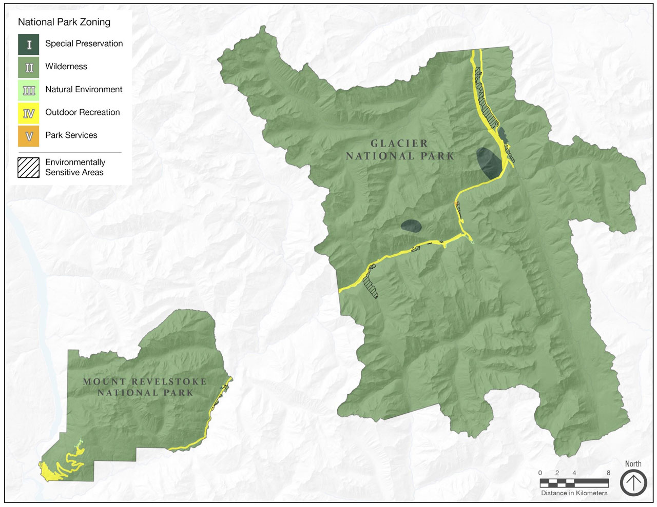 A map of Mount Revelstoke and Glacier national parks. Regions on the map are colour-coded to indicate their classification as specific zone types or environmentally sensitive areas.