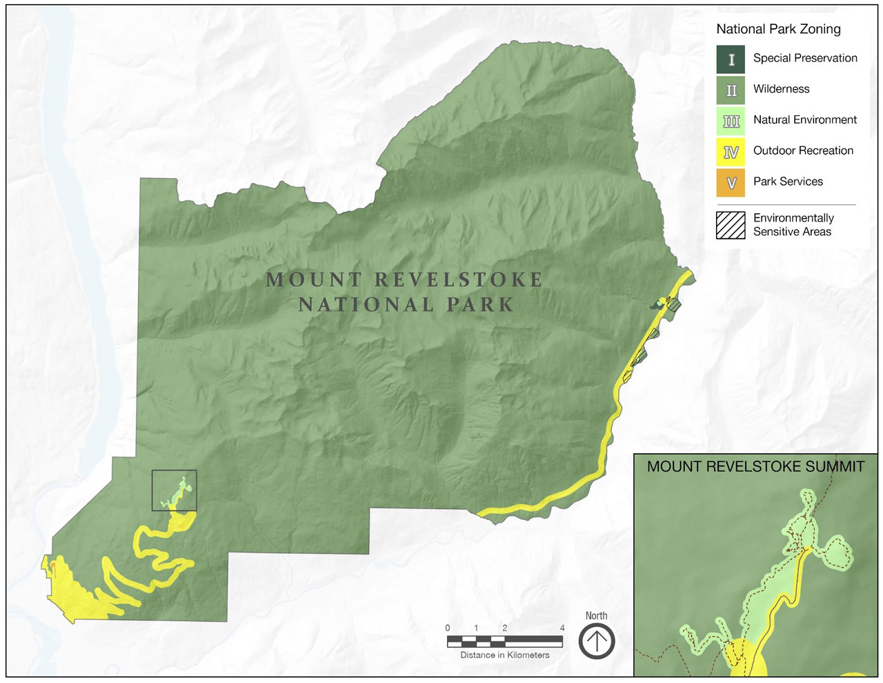 A map of Mount Revelstoke National Park. Regions on the map are colour-coded to indicate their classification as specific zone types or environmentally sensitive areas. An inset map zooms in on the zoning at the summit of Mount Revelstoke.