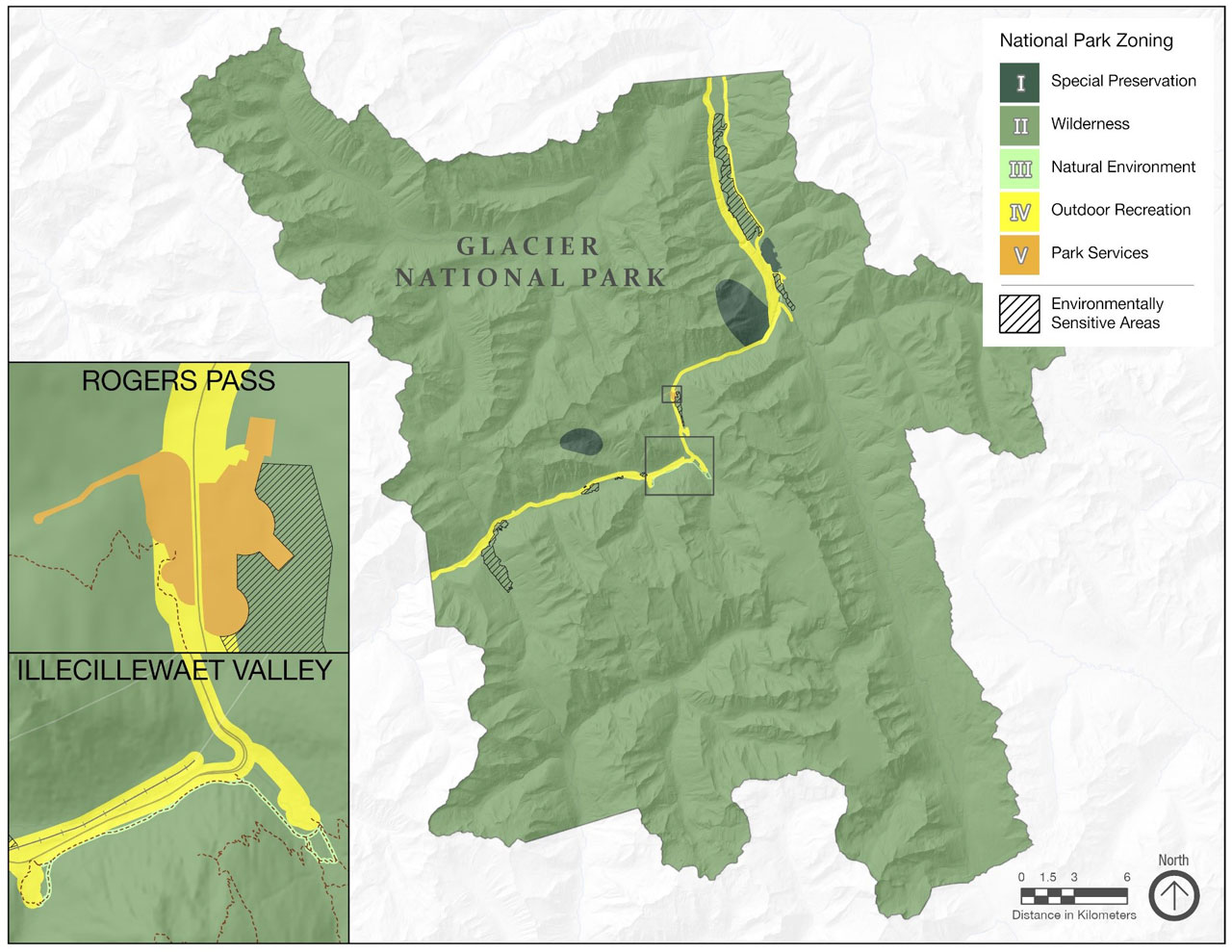 A map of Glacier National Park. Regions on the map are colour-coded to indicate their classification as specific zone types or environmentally sensitive areas.  Two inset maps zoom in on the zoning in the Illecillewaet Valley and Roger Pass Summit area.