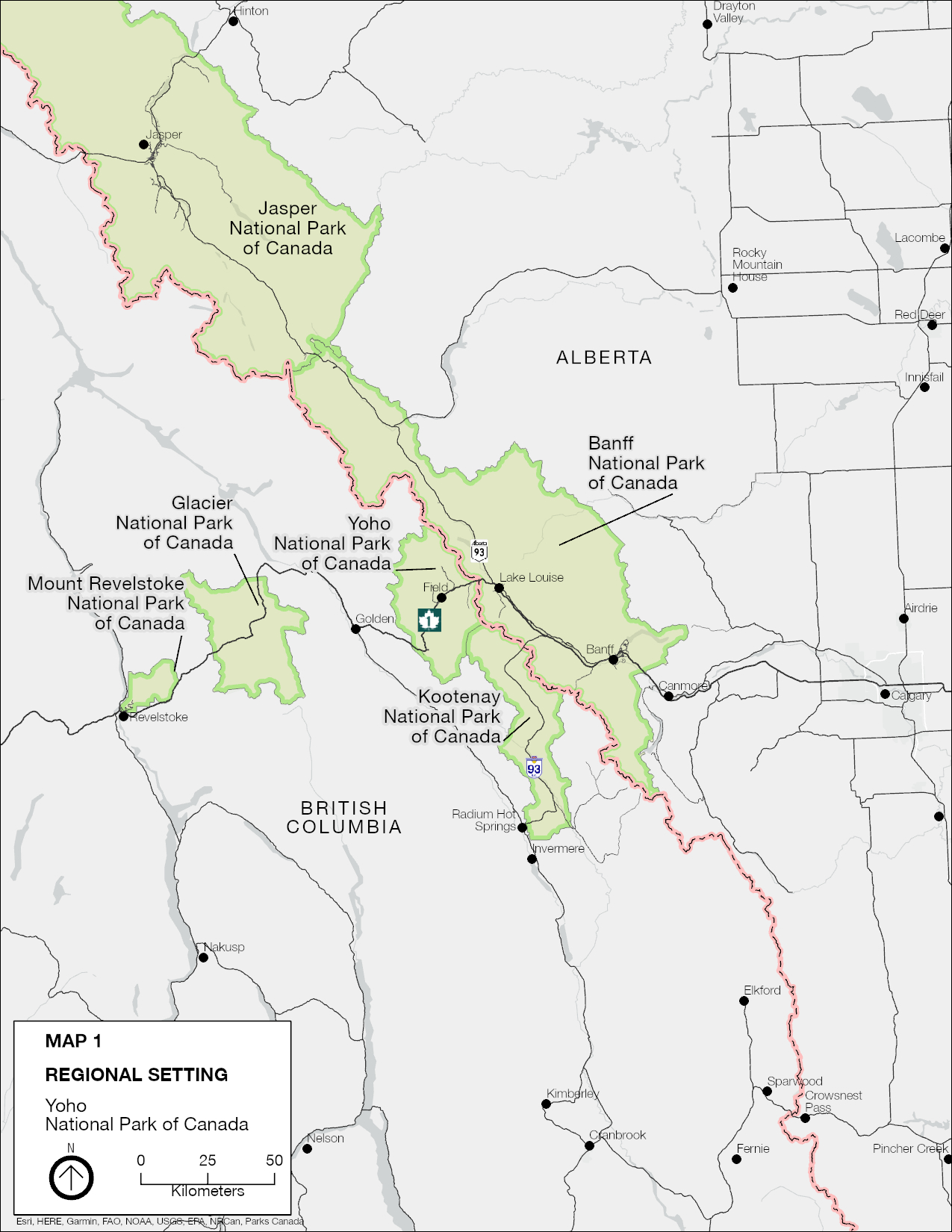 Southeastern British Columbia and southwestern Alberta showing the regional setting of Yoho National Park, roads and communities. — Text description follows