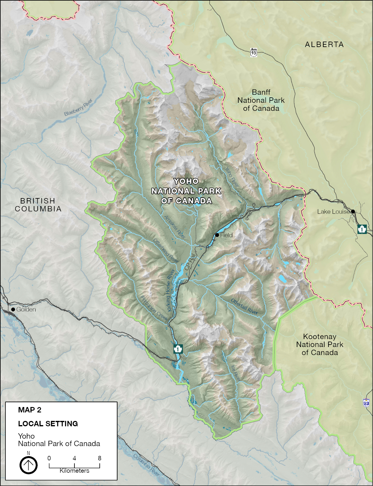 Local landscape with park boundaries, main waterways, Highway 1, and adjoining portions of Banff and Kootenay national parks. — Text description follows