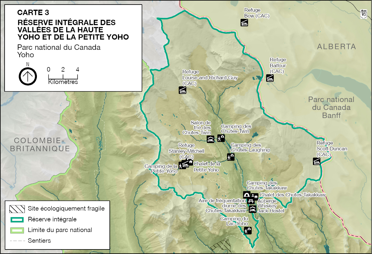 Carte 3 : Réserve intégrale des vallées de la haute Yoho et de la Petite Yoho