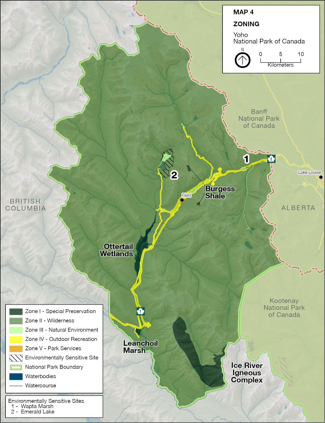 A colour coded map of the park showing the application of five zones ranging from Special Preservation to Park Services. — Text description follows
