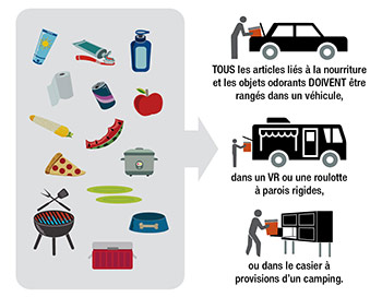 Texte de l’image : Tous les produits parfumés et les articles liés à la nourriture DOIVENT être rangés dans un véhicule, dans une roulotte ou un VR à parois rigides ou dans le casier à provisions d’un camping. 