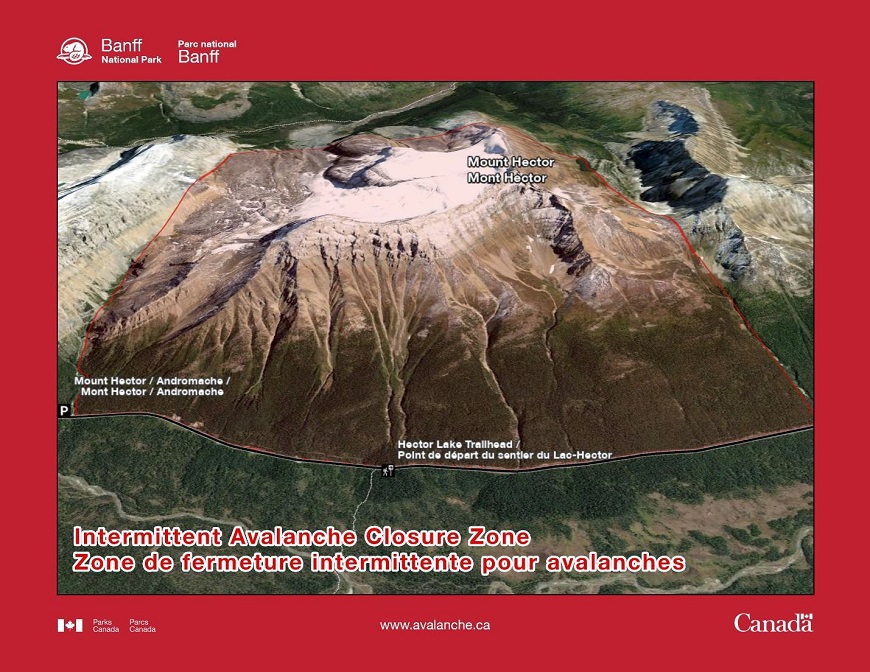 red closure zone on a map of mountains