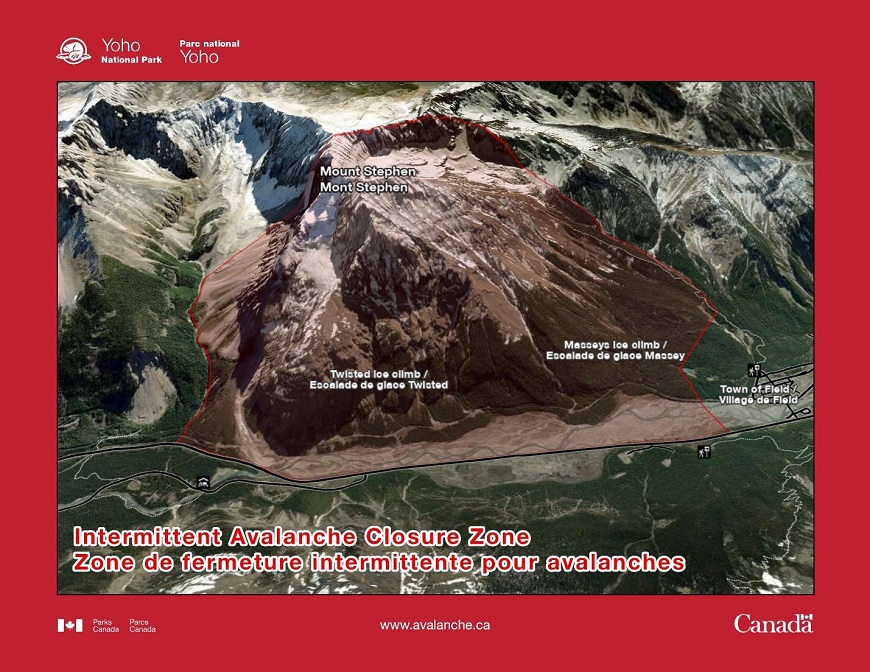 red closure zone on a map of mountains