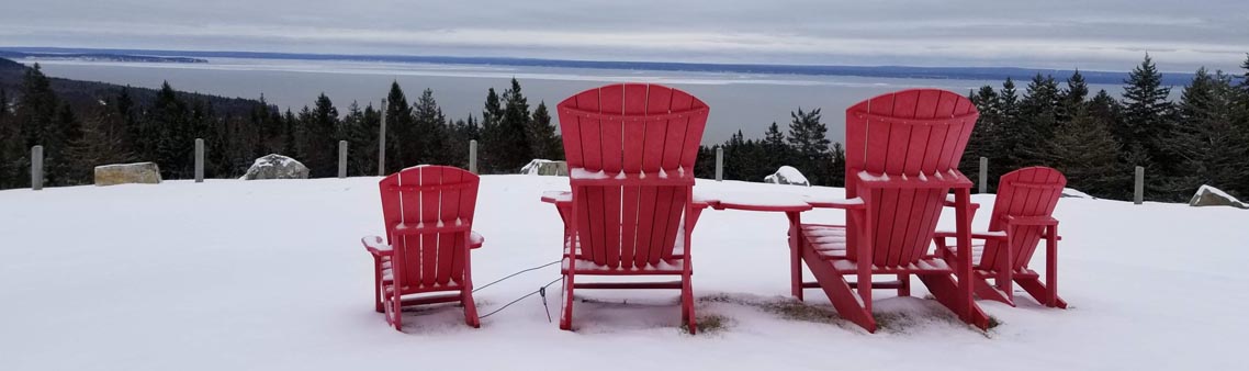 Red chairs in winter.