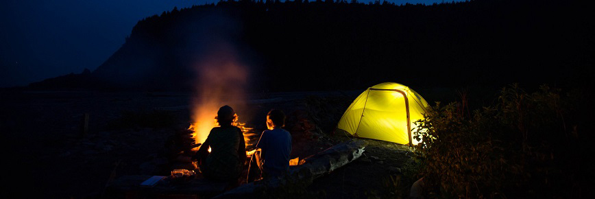 A couple near a campfire in the wild