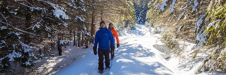 Two fiends snowshoeing in the trails