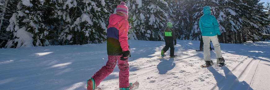 An adult and two children snowshoeing along a snow covered trail