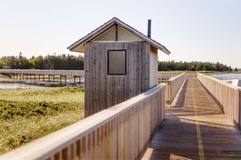 An outhouse on a wooden boardwalk