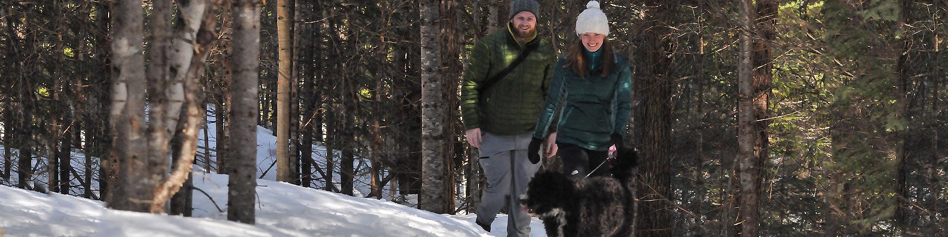 A couple walk their dog on a snowy trail in the woods.