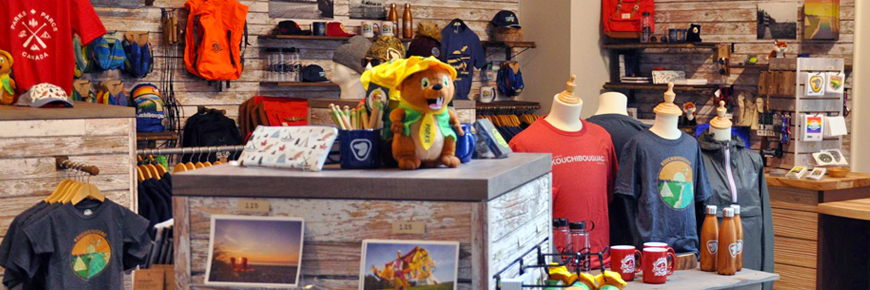 A gift shop with several articles with Parks Canada branding