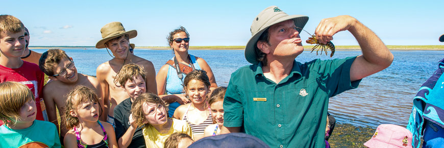 Un interprète de Parcs Canada tiens un crabe devant des visiteurs lors du programme d'Exploration de la lagune
