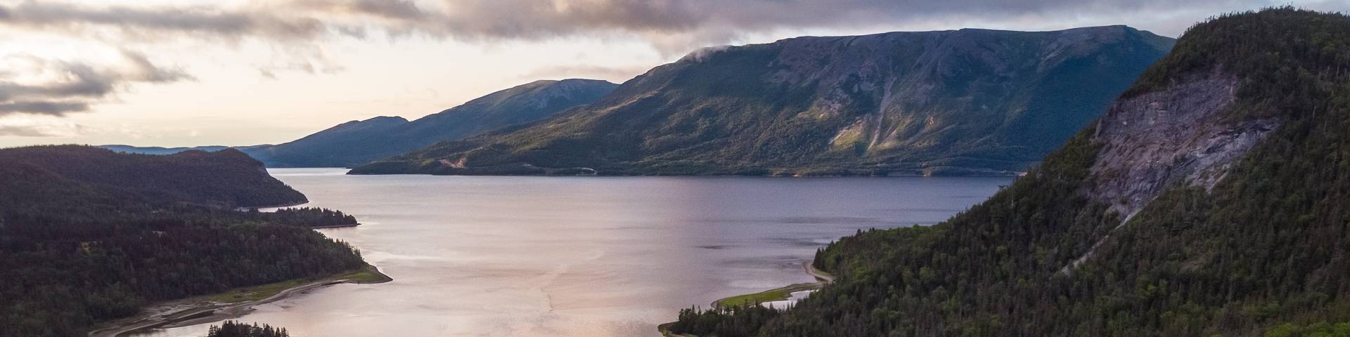 A view looking at the waters of Bonne Bay and the cliffs surrounding it in Gros Morne National Park