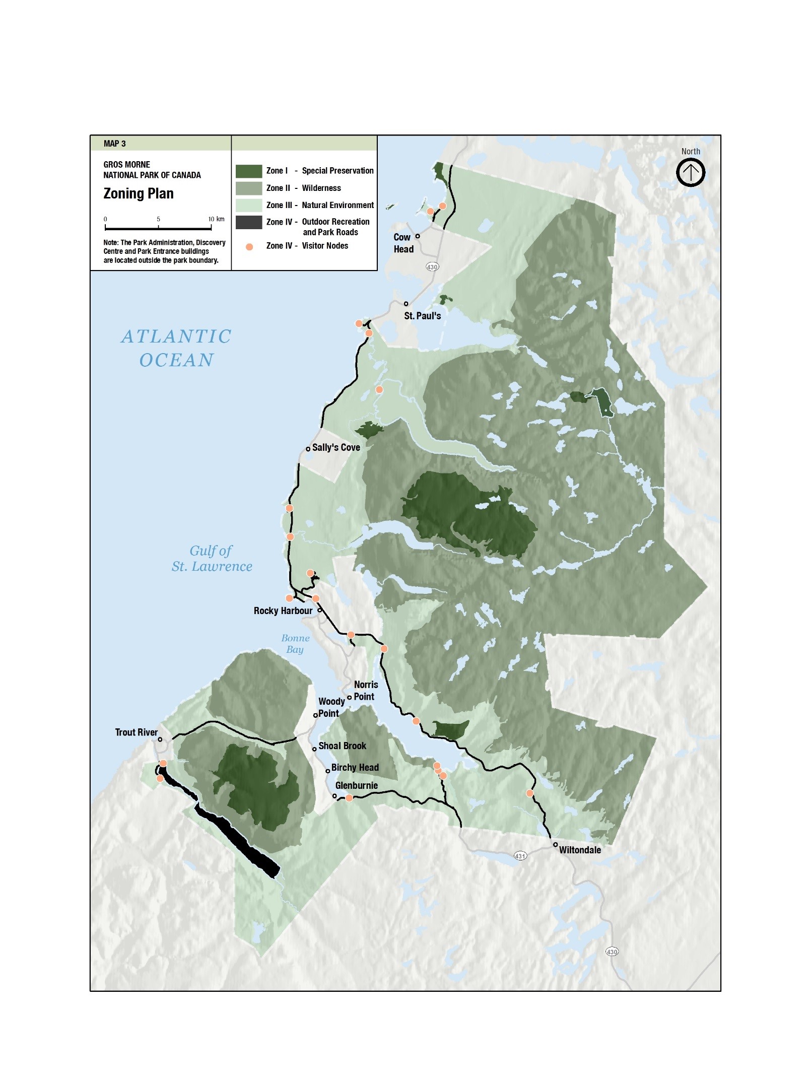 A map of the area zone designations for Gros Morne National Park