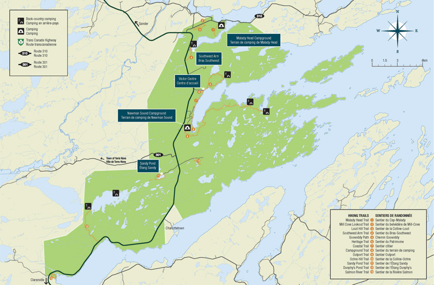 Map of backcountry campsites in Terra Nova National Park