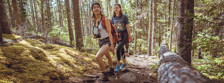 two individuals hiking in the forest