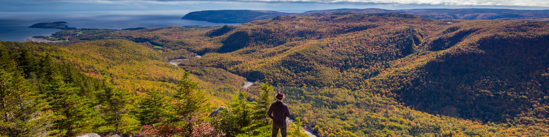 A visitor enjoys a view of fall foliage from the top of Franey Trail in Cape Breton Highlands National Park.