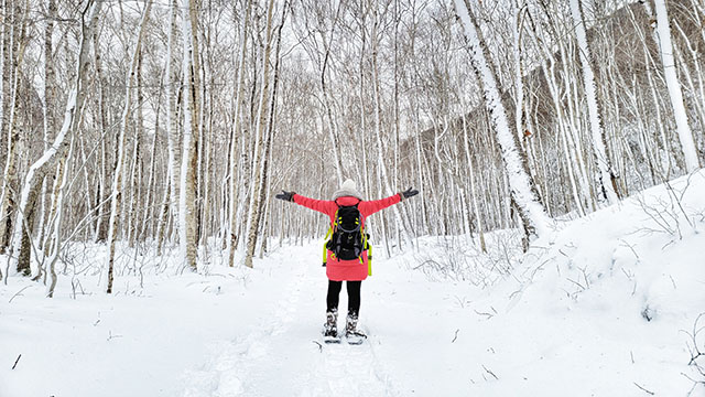 A person with their back towards the camera walking with snowshoes into a snow covered forest with their arms wide open