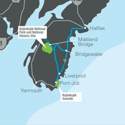 Nova Scotia map with Kejimkujik National Park and National Historic Site and Kejimkujik Seaside highlighted as well as the route from Halifax, to each location, and back