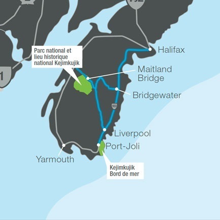 La carte de la Nouvelle-Écosse avec le parc national et lieu historique national Kejimkujik et Kejimkujik Bord de mer souligné avec la route d'Halifax aux deux sites et de retour souligné aussi.
