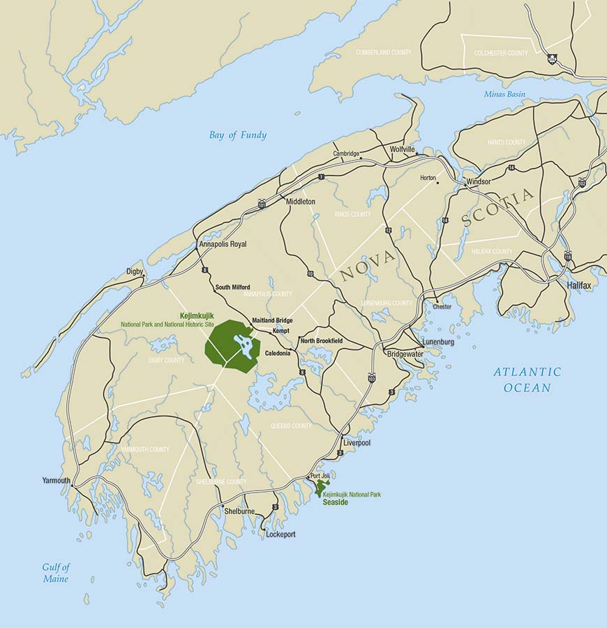 Map of Southern Nova Scotia shows the main highways to Kejimkujik National Park and National Historic Site and Kejimkujik Seaside.