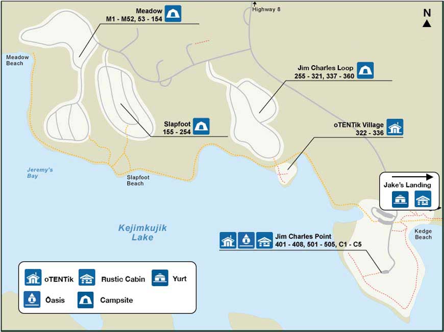 Map showing the location of roofed accommodations at Jeremy's Bay campground.