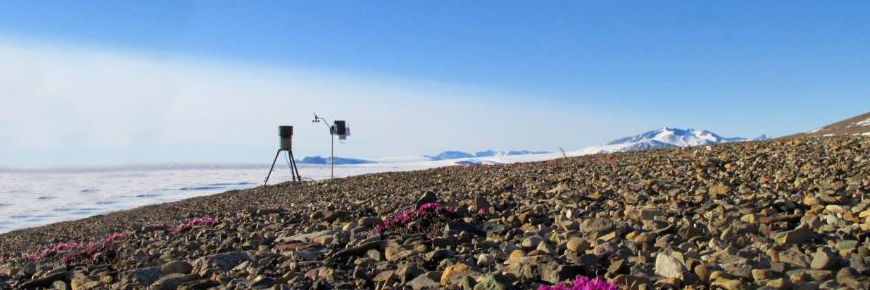 Scientific equipment on a lakeshore in the arctic.