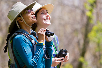 Two people birdwatching, both holding binoculars
