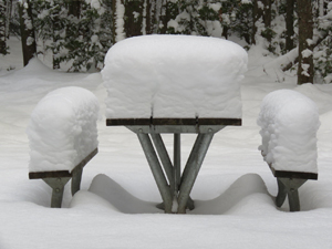table de pique-nique couverte de neige
