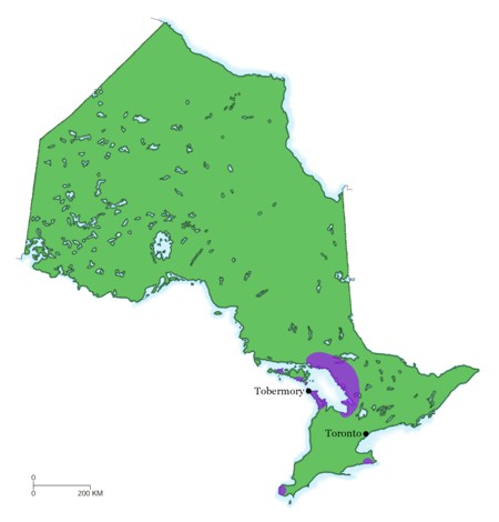 Massasauga distribution map for Ontario
