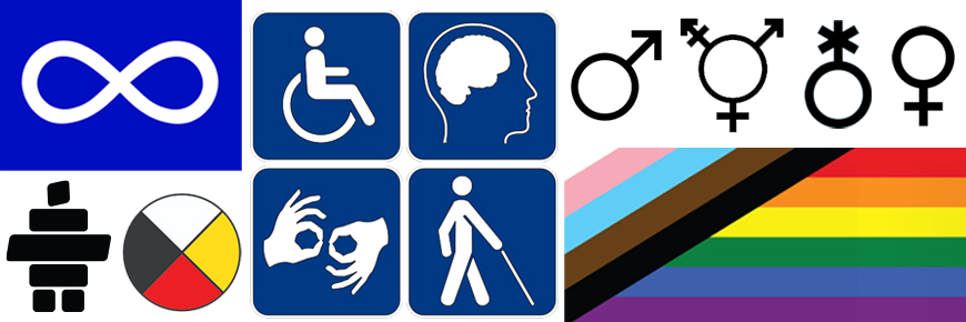 A graphic using various inclusion and diversity symbols (from left to right: Métis flag, Inukshuk, Medicine wheel, wheelchair accessible, sign language, autismbrain, low vision, male, transgender, non-binary, female, combined pride flag and BIPOC flag)