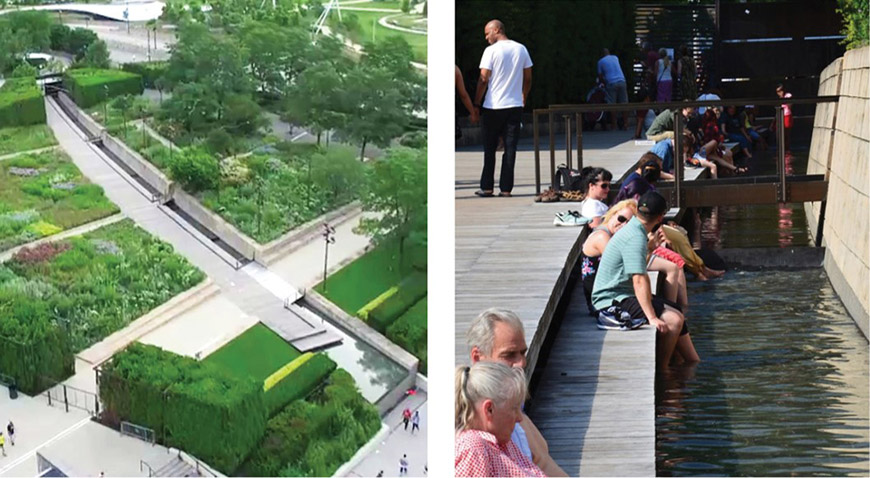 Images of paved pedestrian path with green landscaping and public seating with water feature