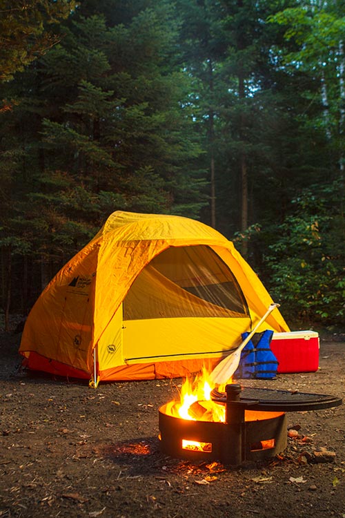 Une tente jaune dans le bois