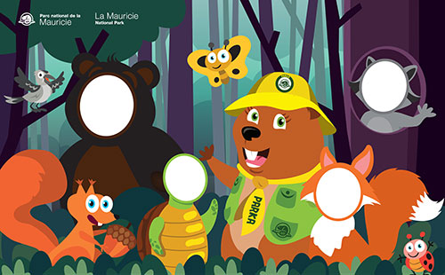 Color drawing of the mascot Parka with his forest friends